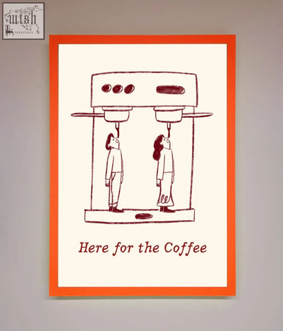 Orange-framed coffee framed print with a minimalist line drawing and here for the coffee text, available in frame options