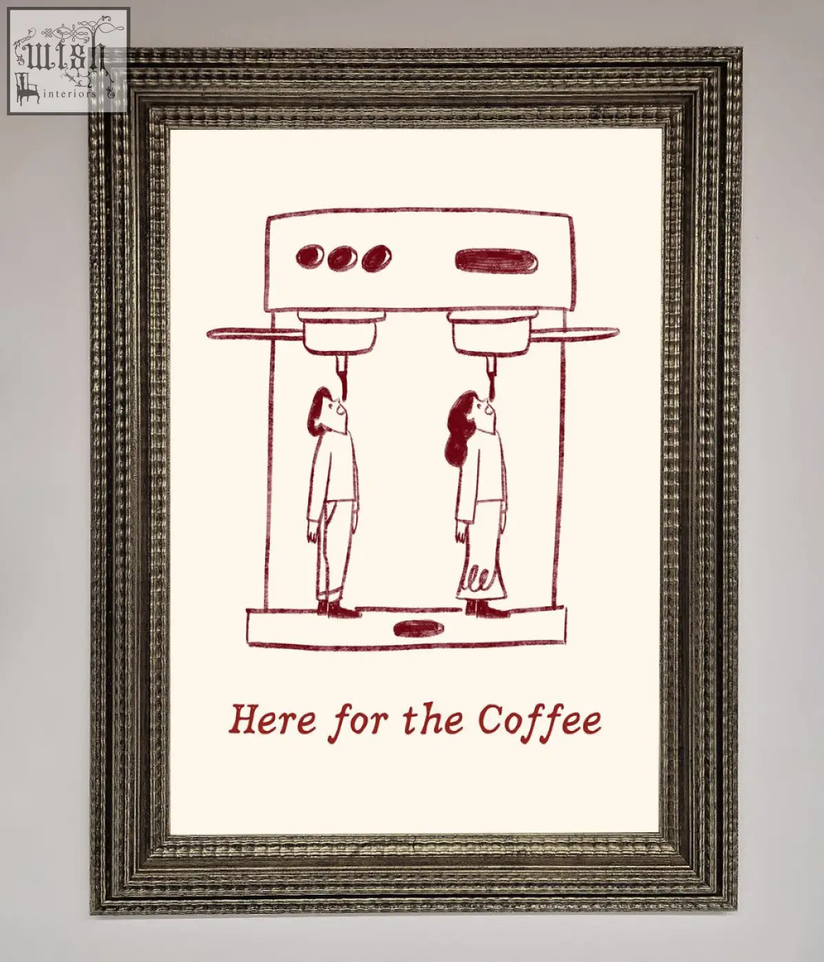 A framed print with a minimalist red line drawing of two people served coffee by a machine with here for the coffee text