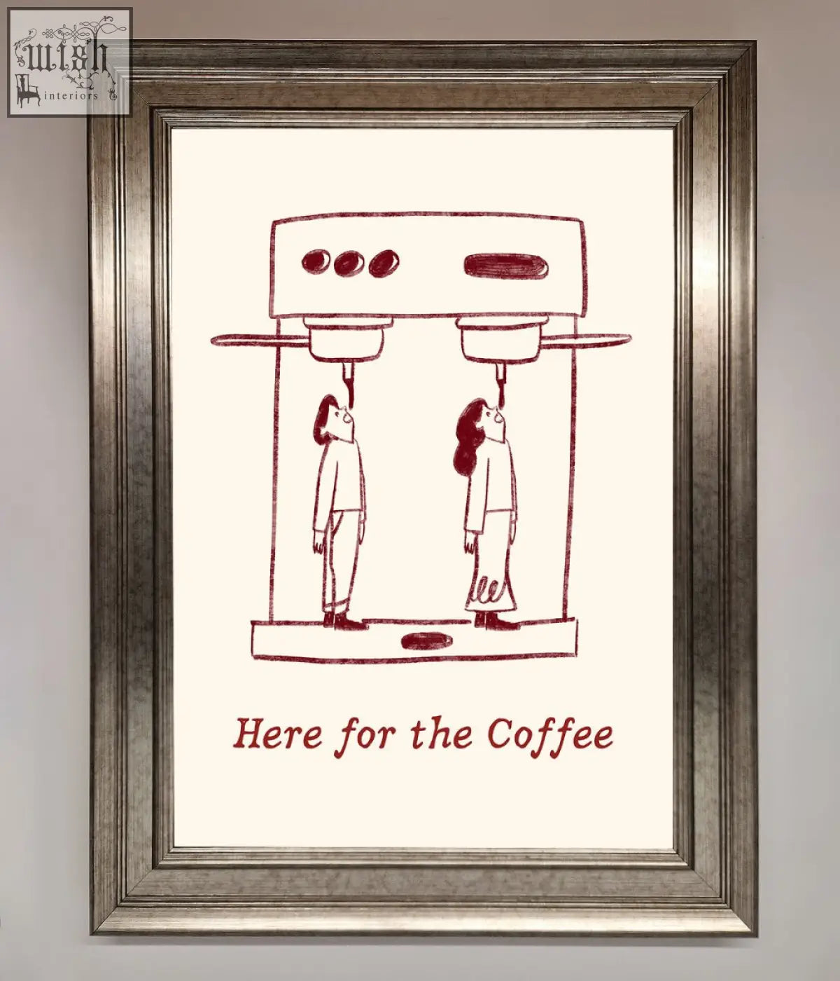 A framed print of two stylized figures under a coffee machine in maroon ink on cream paper perfect as a coffee framed print