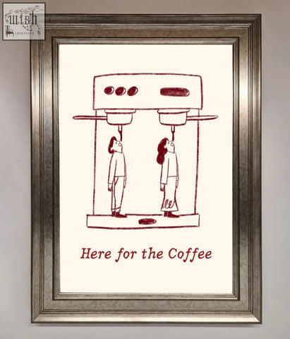 A framed print of two stylized figures under a coffee machine in maroon ink on cream paper perfect as a coffee framed print