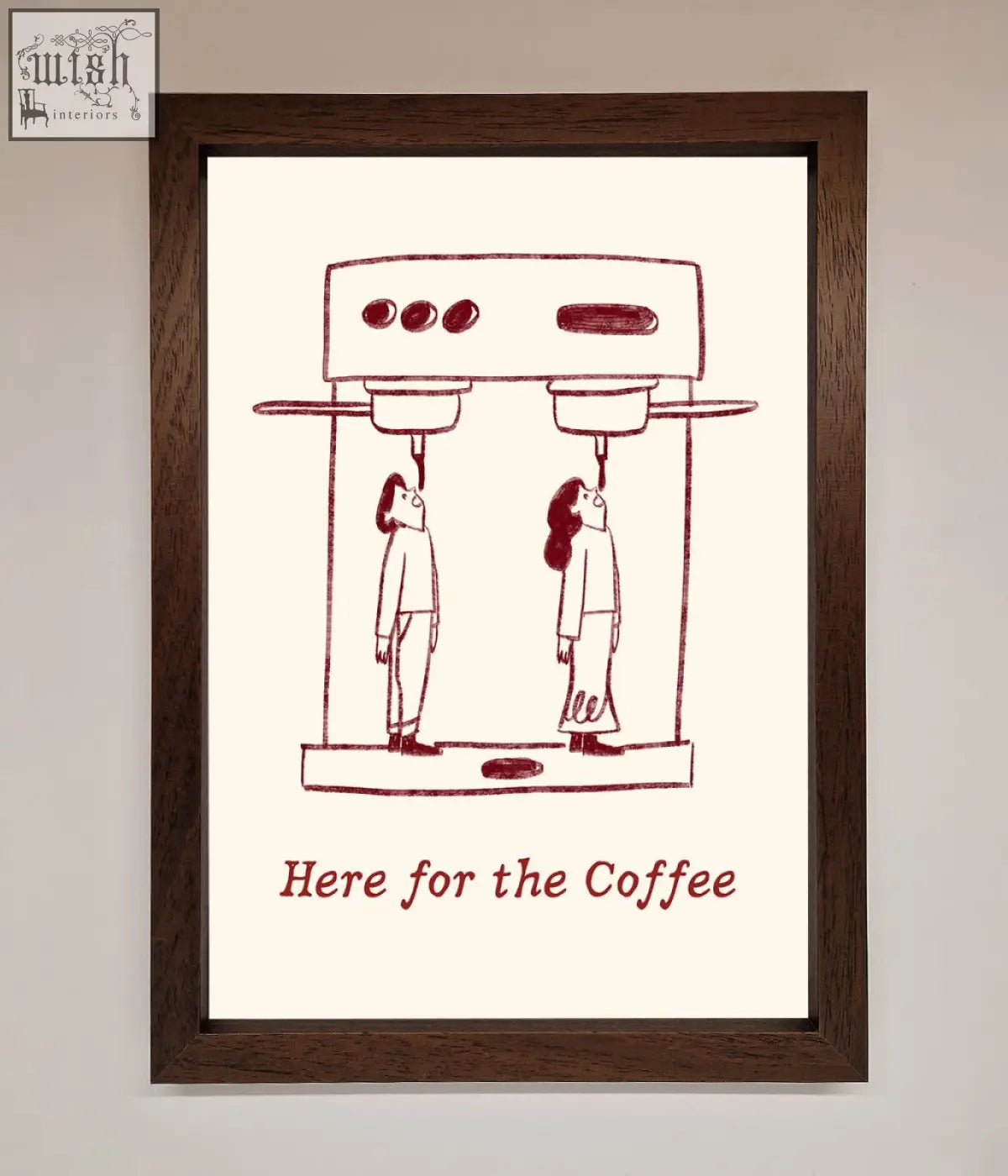 Here for the coffee framed print shows two stylized figures coffee framed print in maroon ink on cream paper with frame options