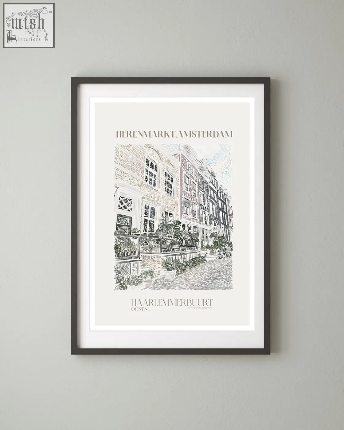 A framed black and white herenmarkt amsterdam landscape art print with detailed architectural lines and text labels