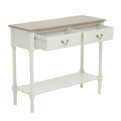Heritage white rectangular console table with light wood top two drawers white rectangular design and slender legs