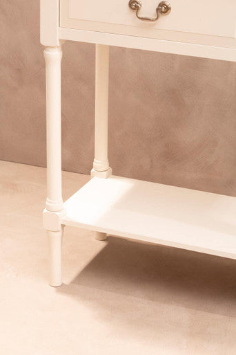 Heritage white rectangular console table with two drawers and ornate brass handles for stylish storage
