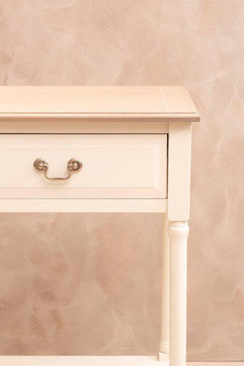 Heritage 2 drawers white rectangular console table with ornate silver handles and a single drawer in white paint
