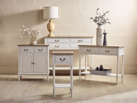 Heritage 2 drawers white rectangular console table with light wood top and silver hardware for stylish storage