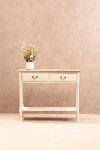 Heritage white rectangular console table with two drawers white painted wood and simple metal handles