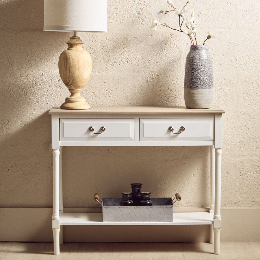 Heritage 2 drawers white rectangular console table with slender legs silver handles and lower shelf drawers white rectangular