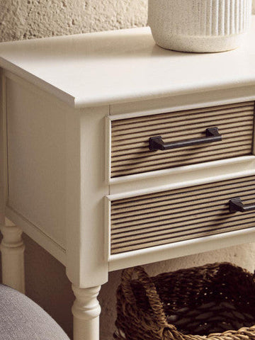 Off-white painted heritage white console table with two woven rattan drawers white console and dark metal handles