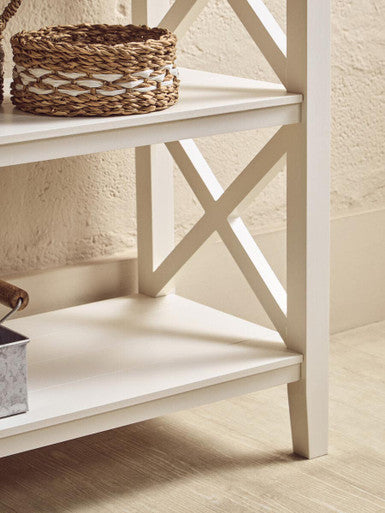 Heritage three shelf large white wooden bookcase with x-shaped cross braces and two open shelves