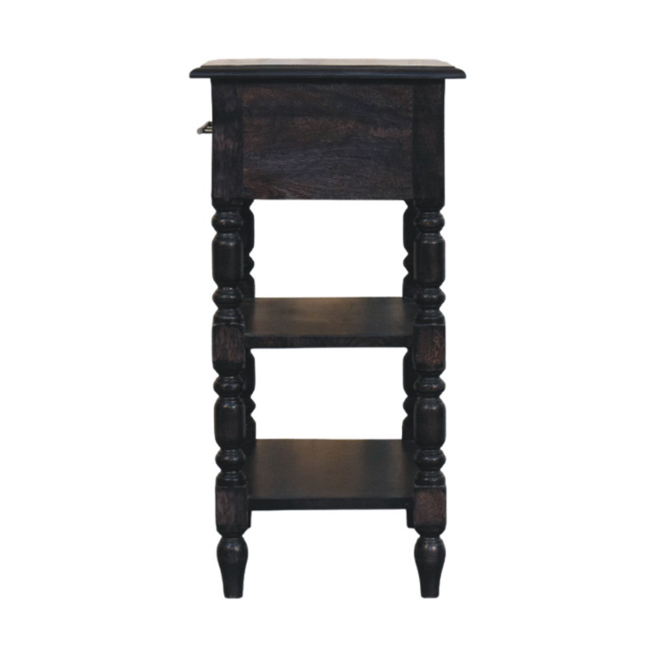 Heritage turned-leg side table in carbon ash finish with solid mango wood and two open shelves for storage