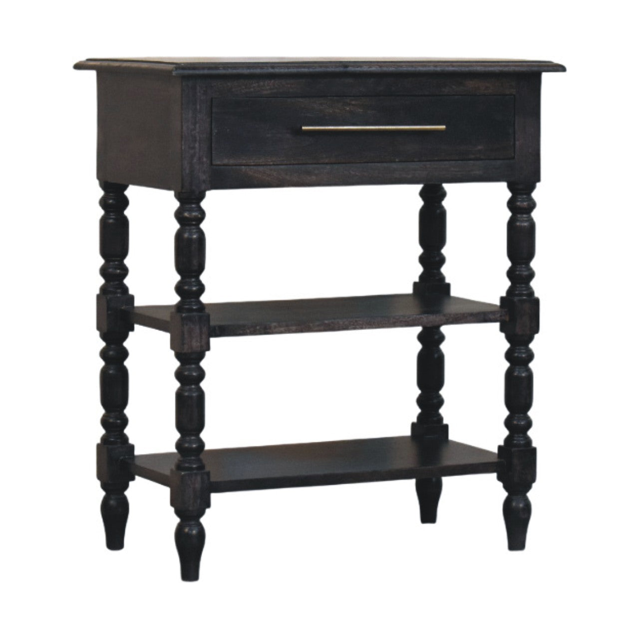 Heritage turned-leg side table in black solid mango wood with carbon ash finish and single smooth-glide drawer brass handle