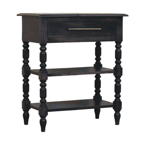 Heritage turned-leg side table in black solid mango wood with carbon ash finish and single smooth-glide drawer brass handle