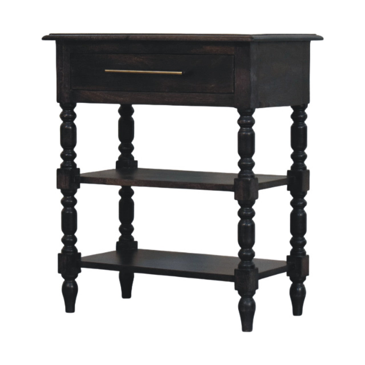 Dark wood heritage turned-leg side table with single smooth-glide drawer and brass handle in solid mango wood