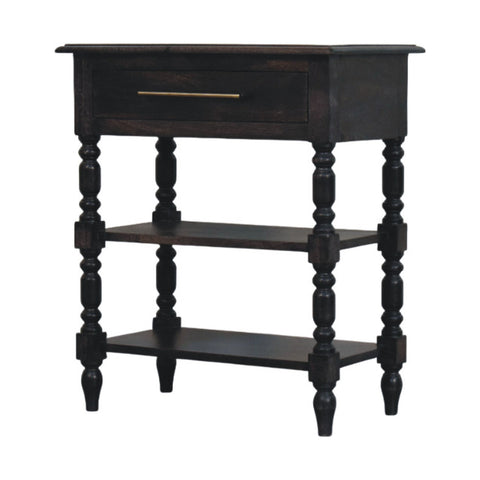 Dark wood heritage turned-leg side table with single smooth-glide drawer and brass handle in solid mango wood