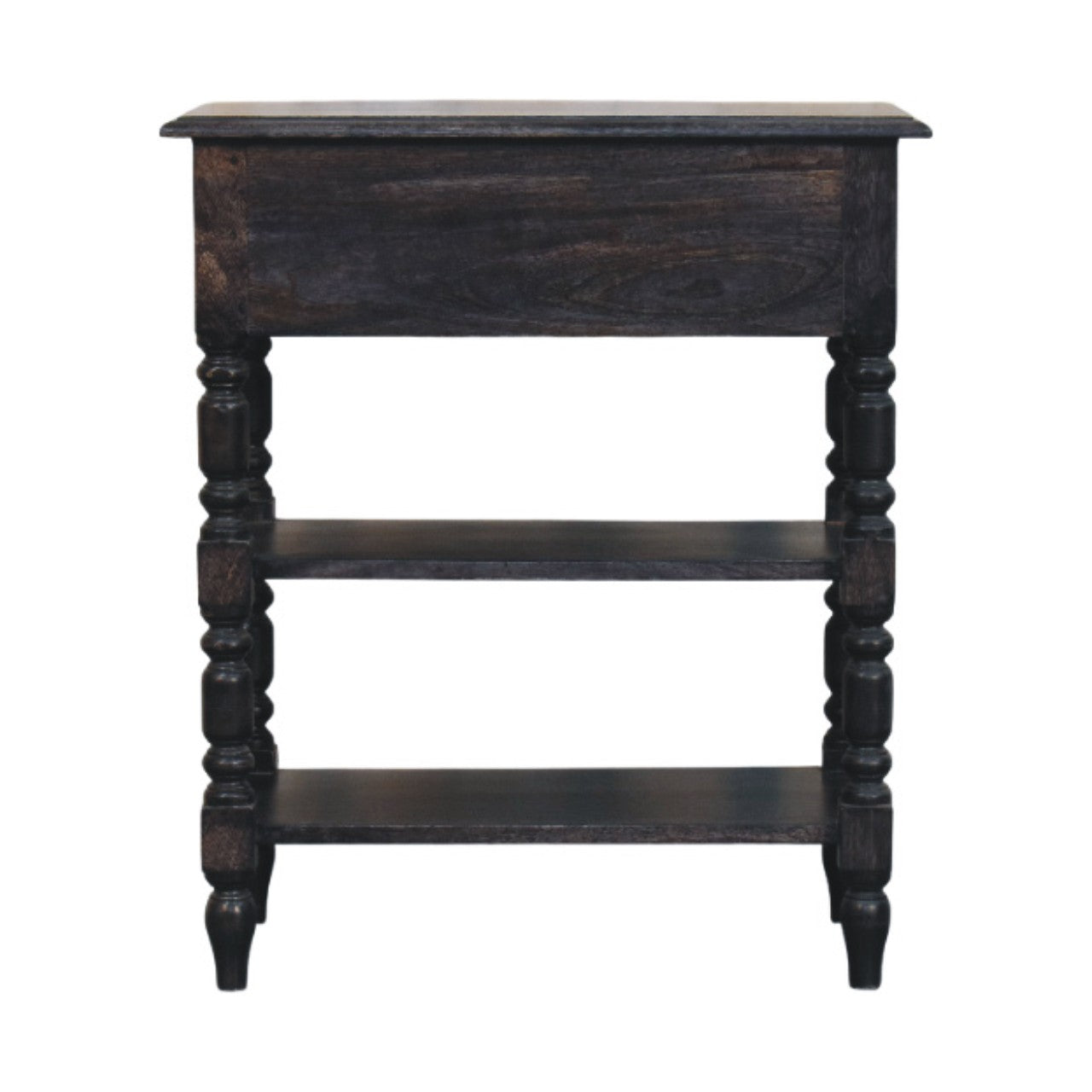 Dark-stained heritage turned-leg side table in solid mango wood with carbon ash finish and three shelves for storage