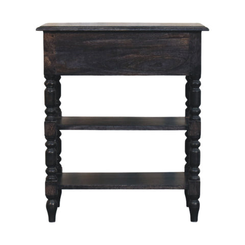 Dark-stained heritage turned-leg side table in solid mango wood with carbon ash finish and three shelves for storage