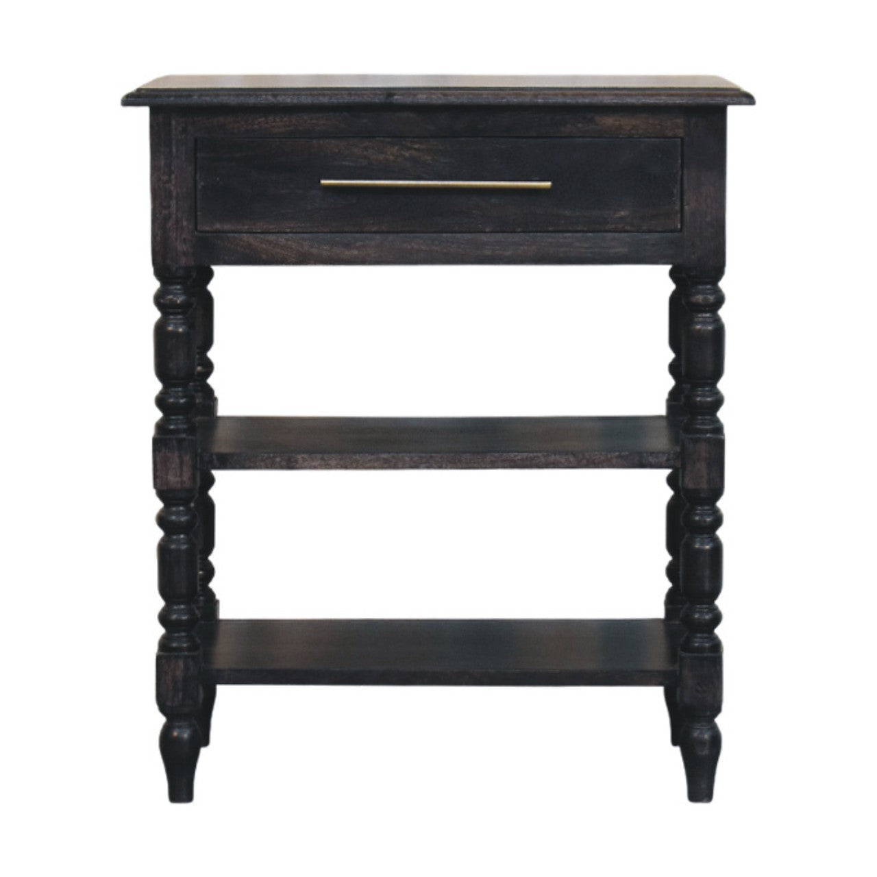 Heritage turned-leg side table in dark carbon ash finish solid mango wood with single smooth-glide drawer and brass handle