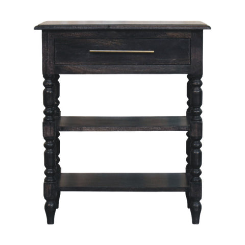 Heritage turned-leg side table in dark carbon ash finish solid mango wood with single smooth-glide drawer and brass handle