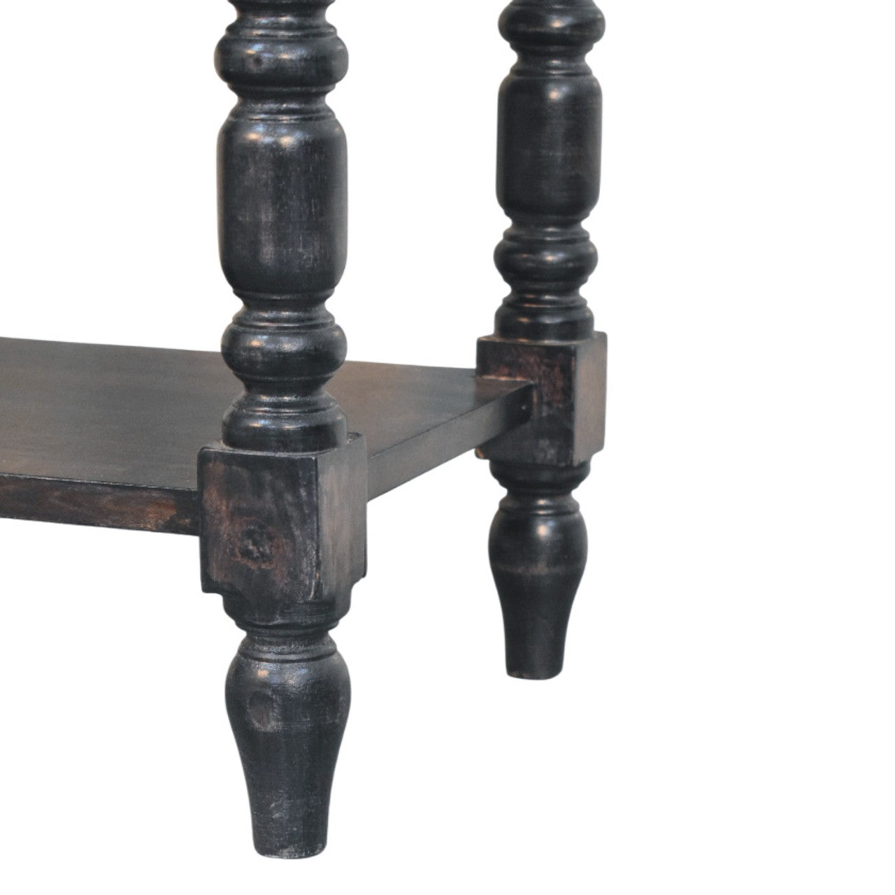 Heritage turned-leg side table in carbon ash finish solid mango wood with rustic look and single smooth-glide drawer