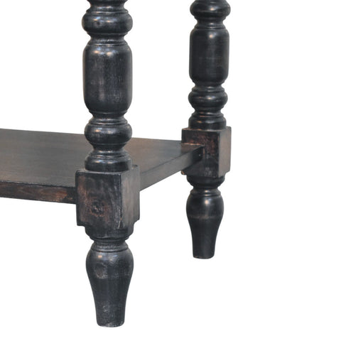 Heritage turned-leg side table in carbon ash finish solid mango wood with rustic look and single smooth-glide drawer