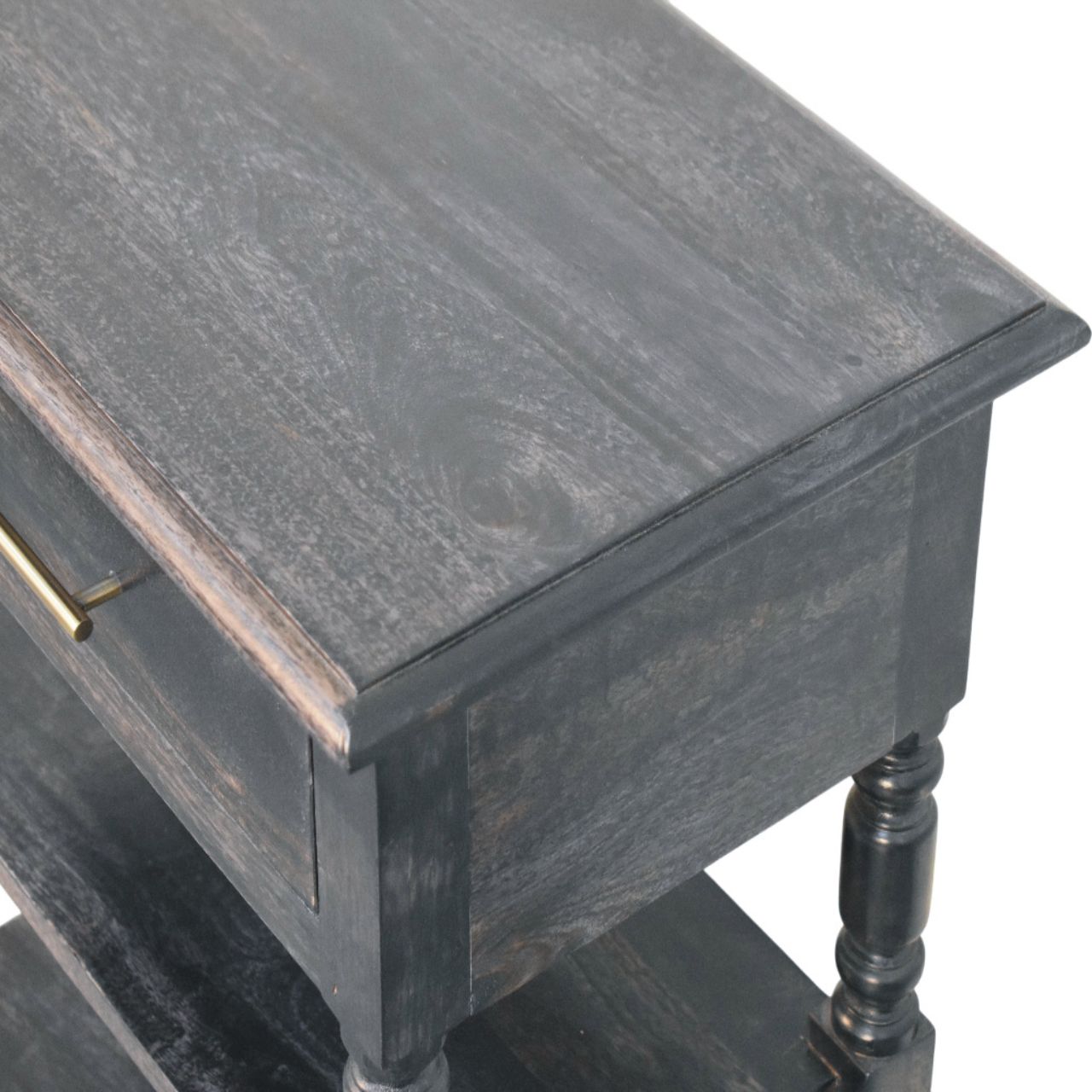 Dark gray distressed solid mango wood heritage side table with turned legs and single smooth-glide drawer in carbon ash finish