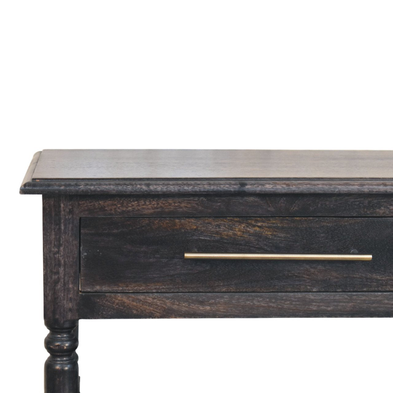 Heritage turned-leg side table in carbon ash finish with a single smooth-glide drawer and solid mango wood design