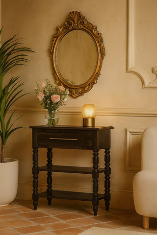Gold-framed oval mirror with ornate baroque detailing above a solid mango wood heritage turned-leg side table with drawer