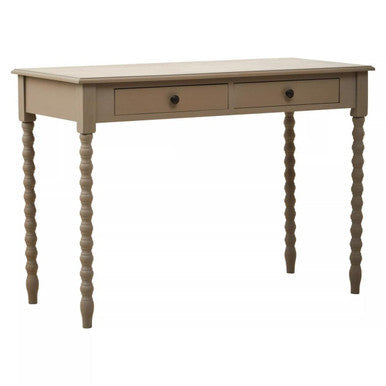 Beige painted wooden heritage two drawer desk with turned spindle legs and natural wash finish