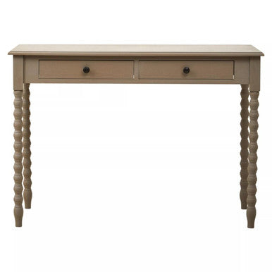 Beige wooden heritage two drawer desk with natural wash featuring turned legs and two drawers for storage