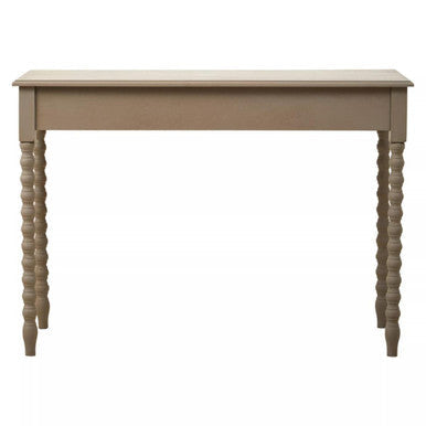 Heritage two drawer desk in beige wood with turned spindled legs and natural wash finish for classic style