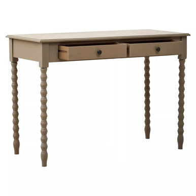 Beige wooden heritage two drawer desk with natural wash finish and turned spindle legs for classic style