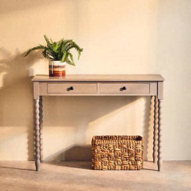 Heritage two drawer gray painted desk with natural wash and turned wooden legs perfect for stylish storage
