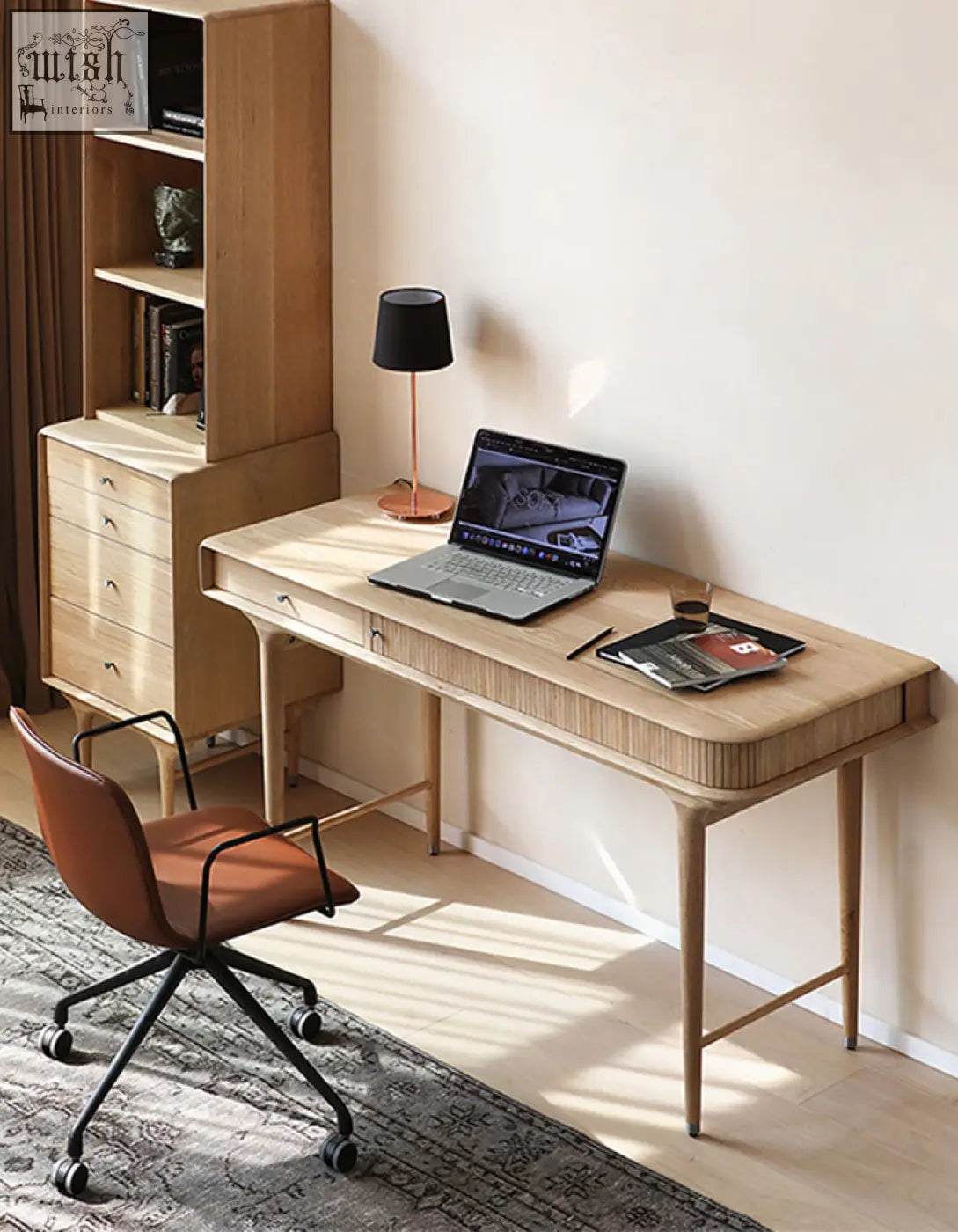 Light wood hermosa e10 office desk with minimalist design and subtle vertical grooves perfect for any office desk setup