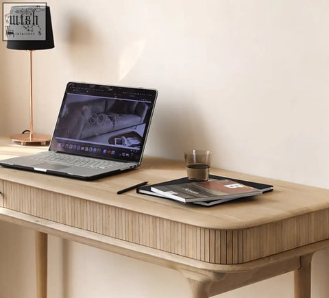 Light wood hermosa e10 office desk with vertical slat detailing and curved edges perfect for any office setup