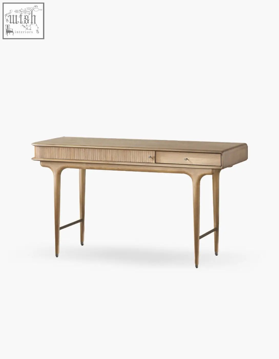 A sleek light oak hermosa e10 office desk with minimalist design and slender tapered legs for a modern office setup