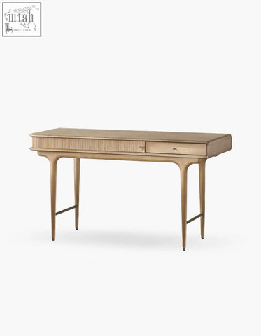 A sleek light oak hermosa e10 office desk with minimalist design and slender tapered legs for a modern office setup