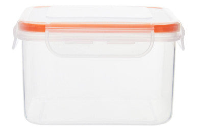 Clear plastic herrela square food container with orange airtight lid and transparent latch for secure storage