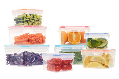 Herrela 4pc square food containers with clear plastic and colorful airtight lids in pink and blue for easy storage