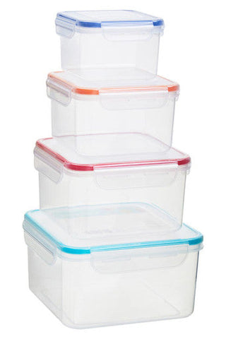 Herrela 4pc square food containers with airtight clear plastic lids and colorful silicone seals in blue orange red and teal