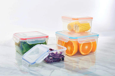 Herrela 4pc square food containers with clear plastic and colorful red blue orange silicone airtight lids