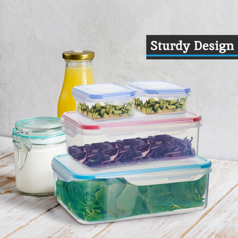 Herrela 5pc square food containers with airtight lids featuring clear containers and colorful blue and red snap-on lids