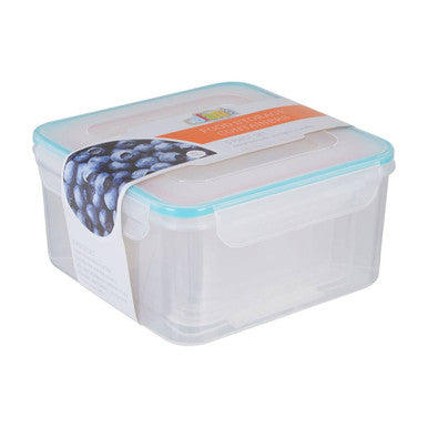 Herrela 5pc square food containers made of clear plastic with light blue airtight lids and an orange label on the side