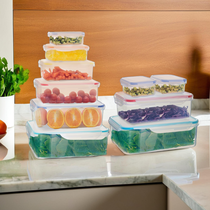 Herrela 5pc square food containers with airtight colorful lids made of clear plastic in various sizes for storage
