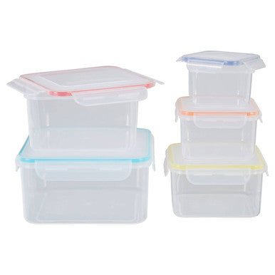 Herrela 5pc square food containers with airtight pink blue and yellow lids clear plastic food containers for storage