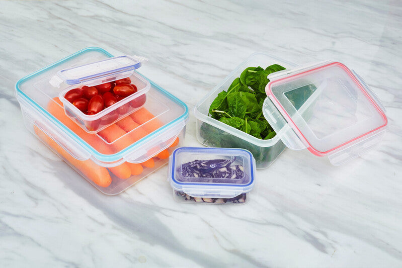 Herrela 5pc square food containers with airtight clear plastic lids and colorful blue pink and red silicone seals