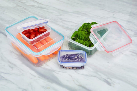 Herrela 5pc square food containers with airtight clear plastic lids and colorful blue pink and red silicone seals