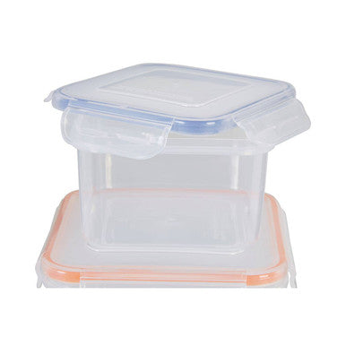 Herrela 5pc square food containers with airtight lids featuring clear plastic, blue gasket, and orange silicone seal
