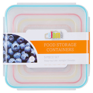 Set of five clear Herrela square food containers with airtight lids in light blue pink and white silicone stackable design