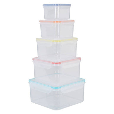 Herrela 5pc square food containers with airtight lids stack of clear plastic square food containers with pastel silicone lids